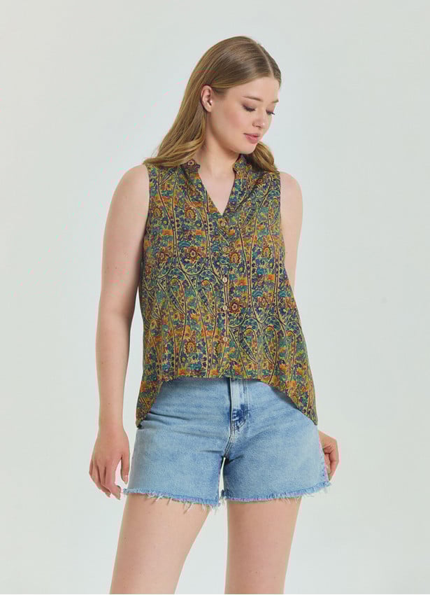 Shirt Collar Asymmetric Cut Petrol Bohemian Blouse 4563